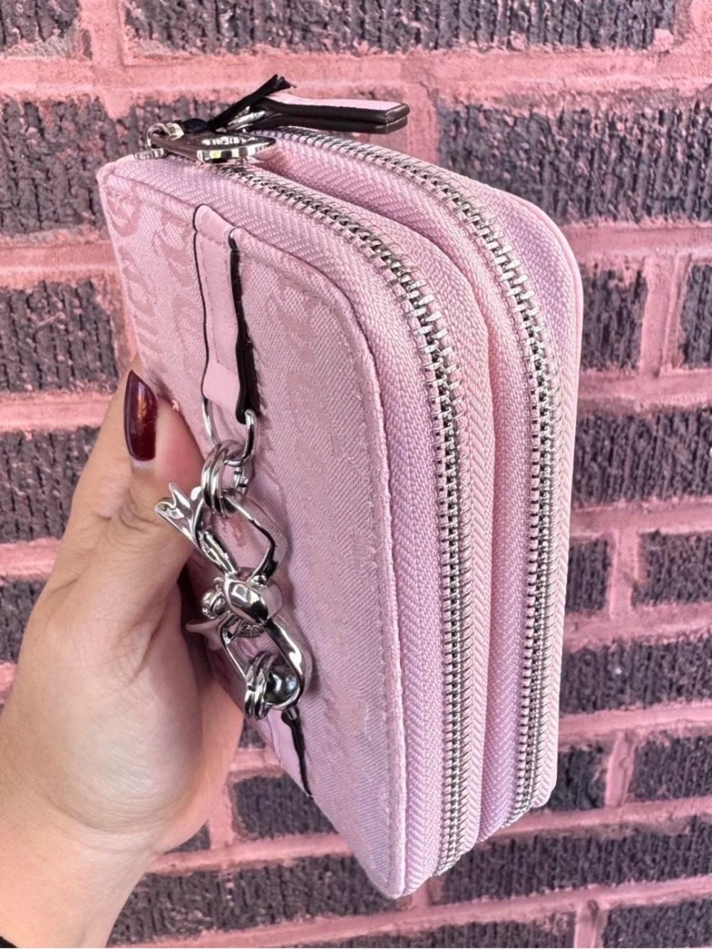 Juicy Couture Light Pink Bow Heart Zip Wallet with Silver Hardware